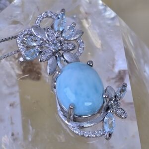 925 Sterling Silver Necklace 18" with Natural Larimar and Aquamarine Gems